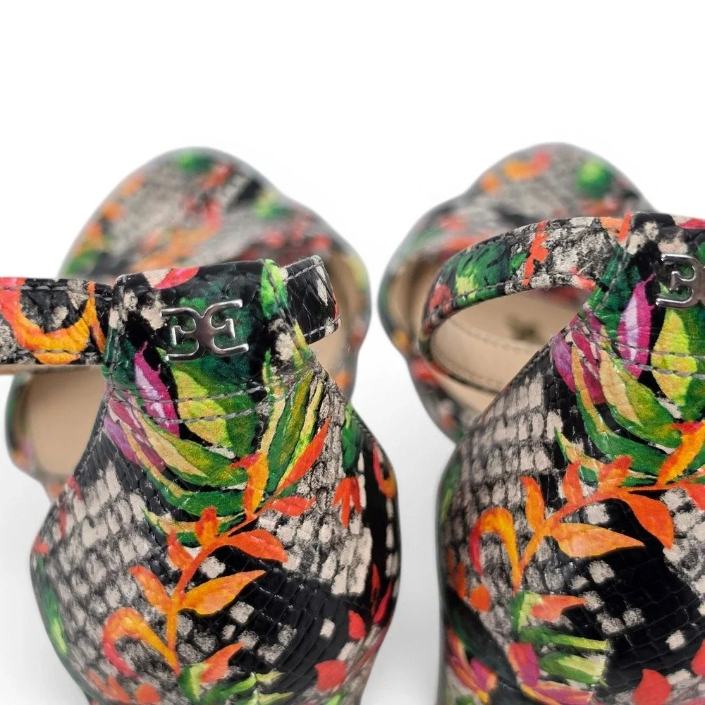 Sam Edelman Yaro Womens Size 8 Floral Snake Print Ankle Strap Block Heel Sandals